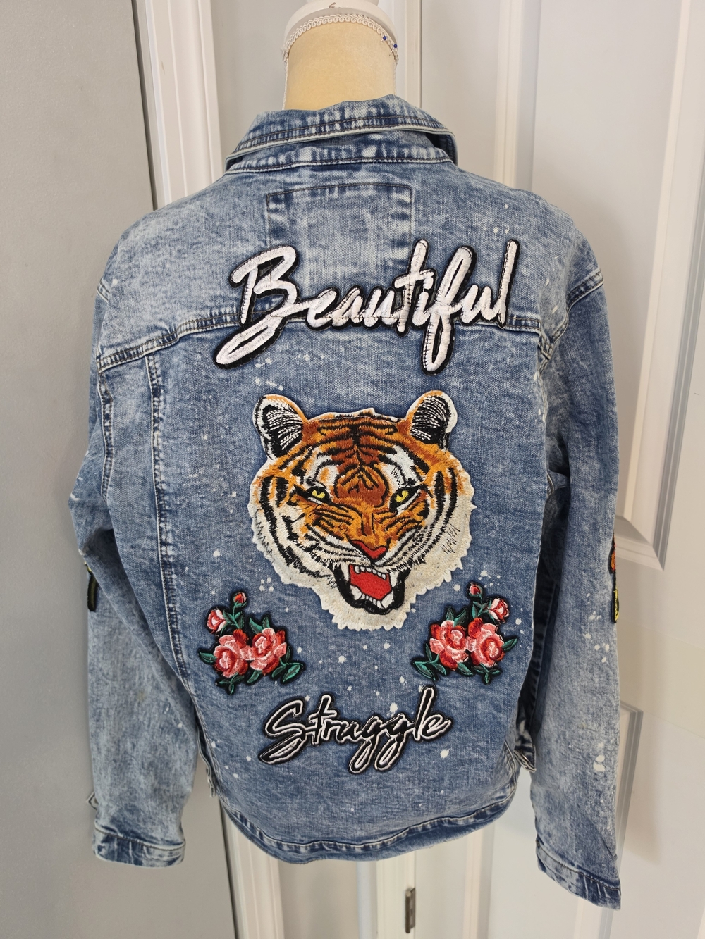 Rs1ne Embroidered Denim Jacket Beautiful Struggle Sz S Y2K Streetwear Acid Wash